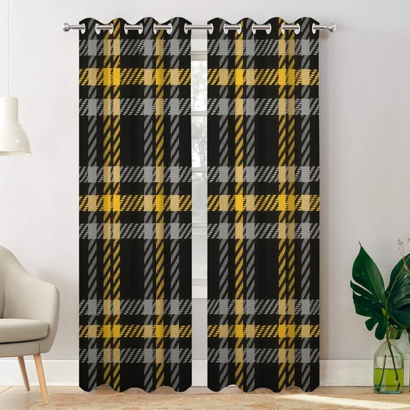 Modern Mustard and Grey Plaid Blackout Curtains, Grommet Top Thermal