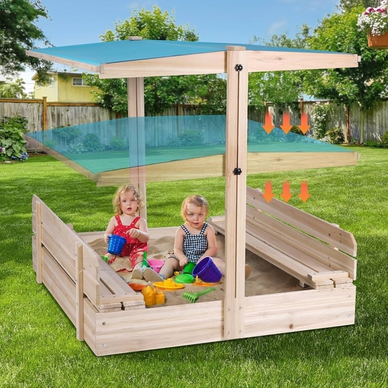 Modern Wood Sandbox with Cerulean Blue Retractable Canopy and Benches