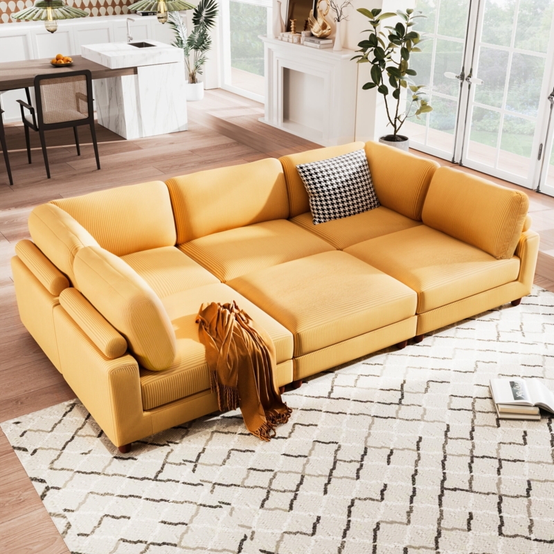 Modular Sectional Corduroy Texture Saffron Yellow Chunky Arms