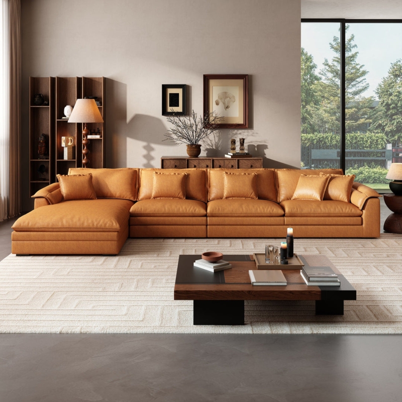 Modular Sectional Sofa Sunset Yellow Plush Back Cushions Chaise