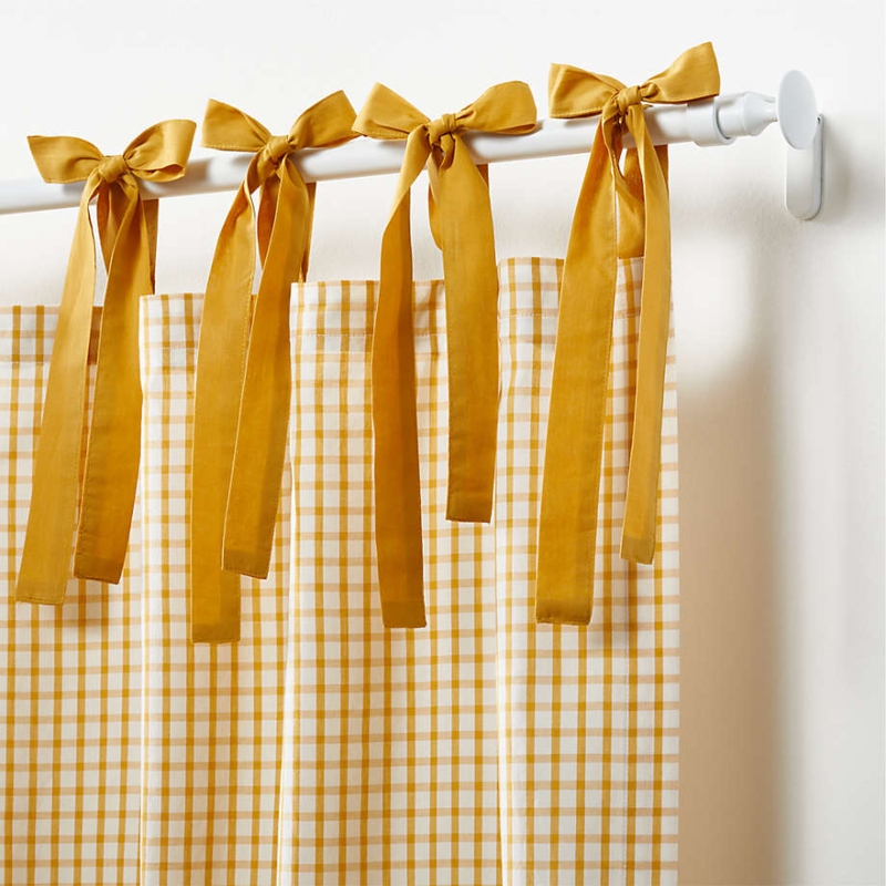 Mustard Yellow Windowpane Plaid Tie Top Curtains with Bow Accents