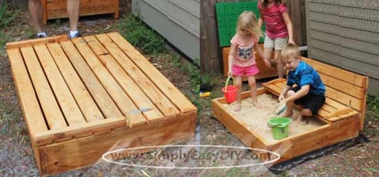 Natural Wood DIY Sandbox with Slatted Top Hinged Convertible Benches