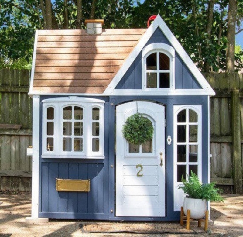 Navy and White Playhouse featuring Dormer Window and Brass Hardware