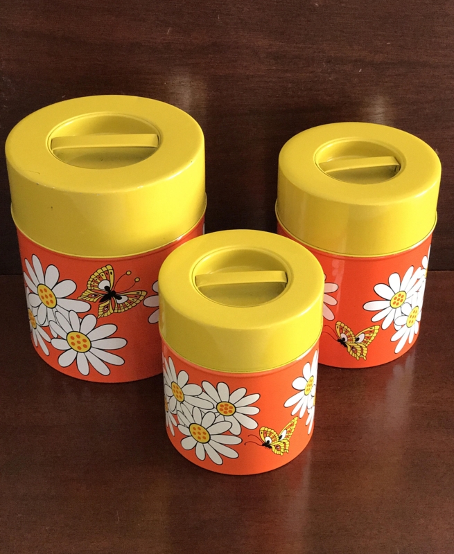 Nesting Canisters Retro Daisy Print Butterfly Motif Vibrant Orange