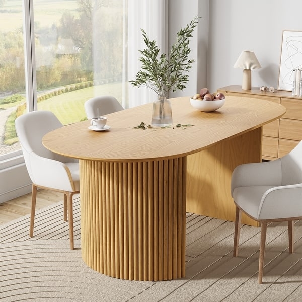Nordic Oval Dining Table Natural Wood Slatted Pedestal Base