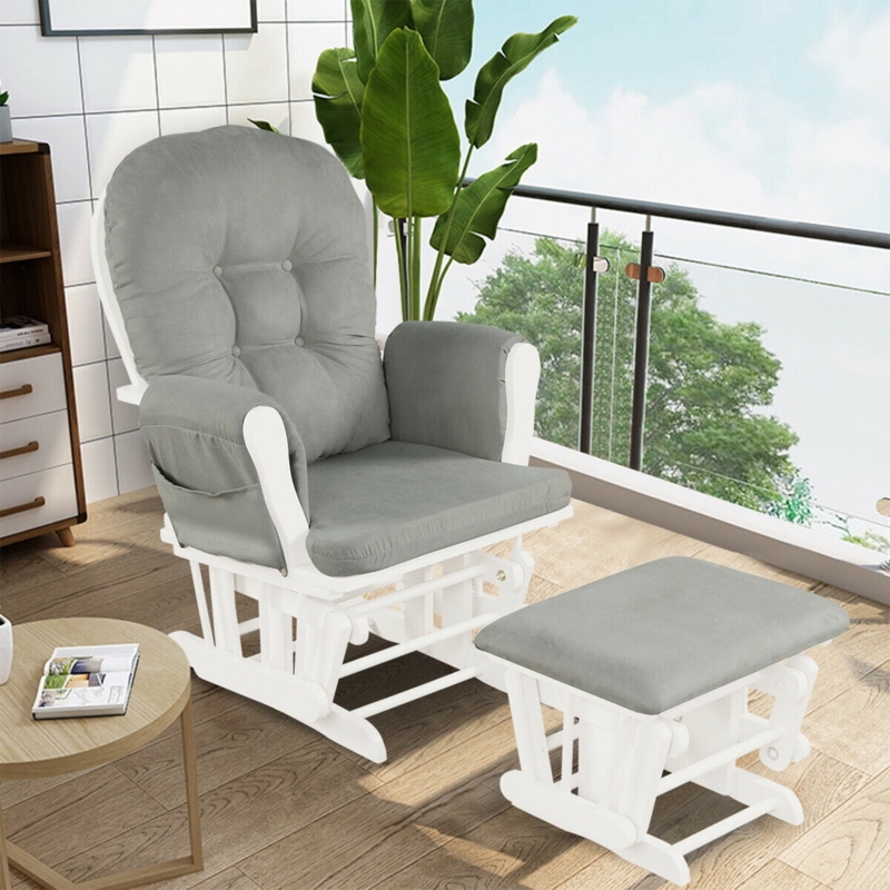 Nursery Glider White Wood Finish with Ottoman Storage Pocket