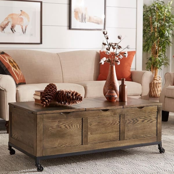 Oak Storage Trunk Table with Iron Casters and Flip Top