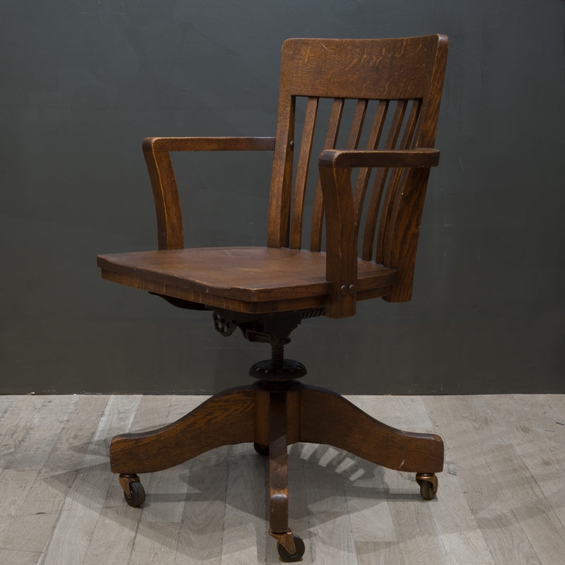 Oak Swivel Desk Chair Four Star Base Vintage Slatted Back