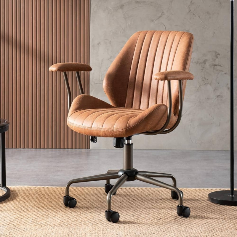 Office Task Chair Winged Backrest Bronze Base Magic Brown Suede