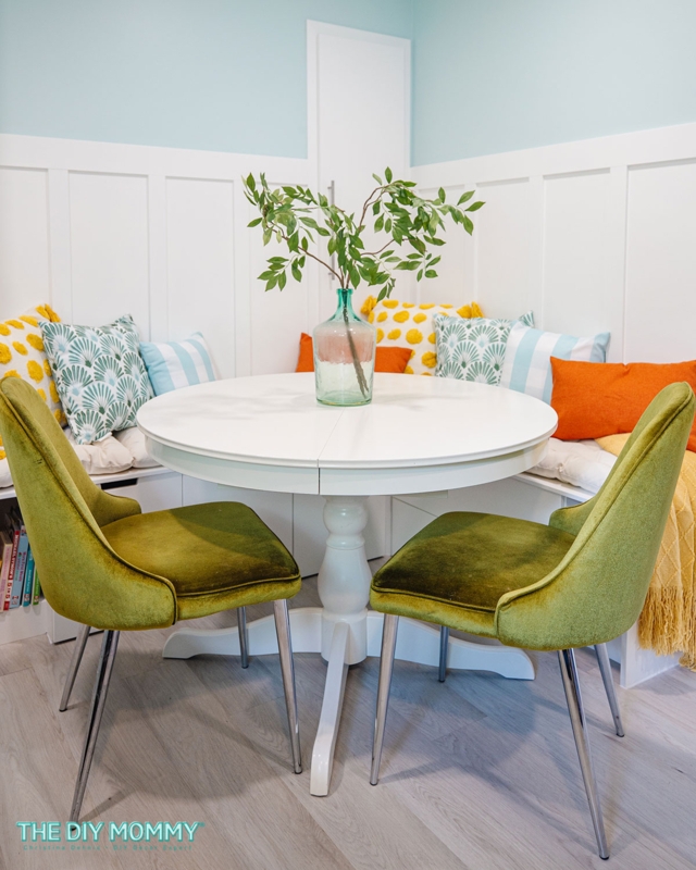 Olive Velvet Dining Chairs in Board and Batten Dining Wall Nook
