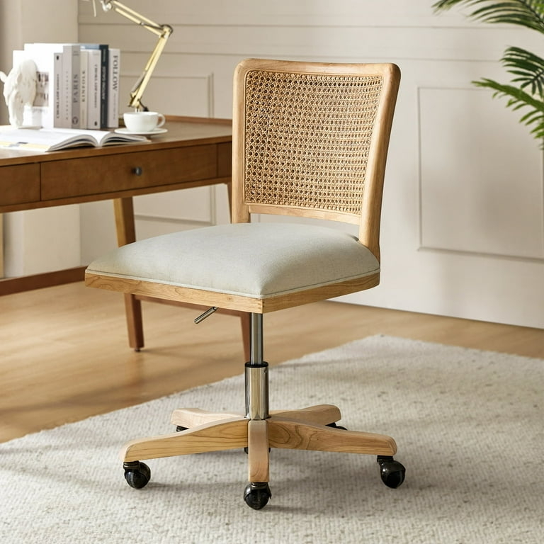 Organic Modern Swivel Office Chair Woven Rattan Cane Back