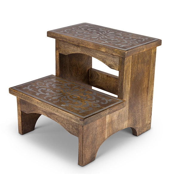 Ornate Step Stool featuring Metal Inlay Scrollwork and Two Tiers