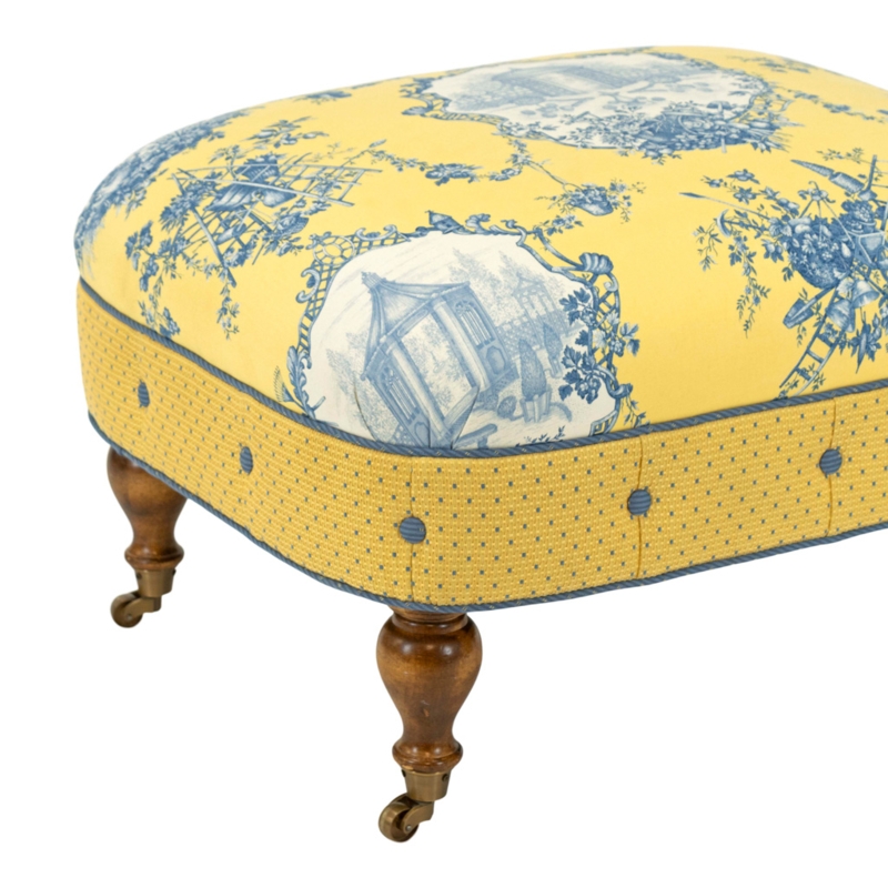 Ottoman in Yellow with Toile and Blue Patterning
