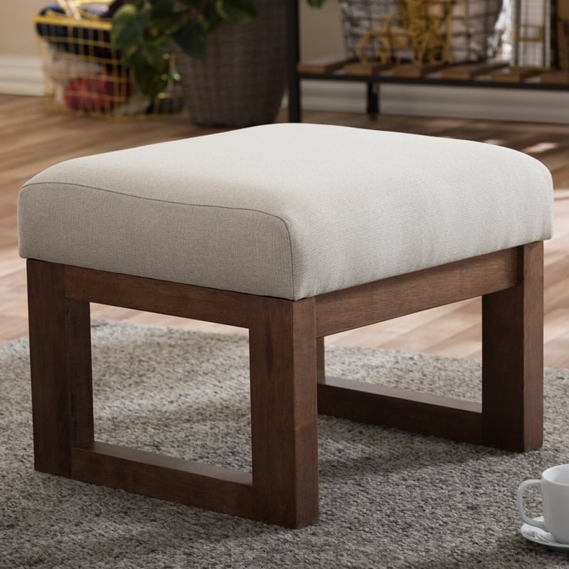 Ottoman Open Wood Base Thick Box Cushion Midcentury Beige Footstool