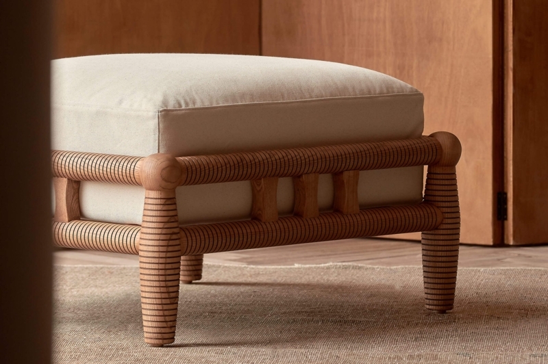 Ottoman Reeded Frame Spherical Joints Textured Cream Stool