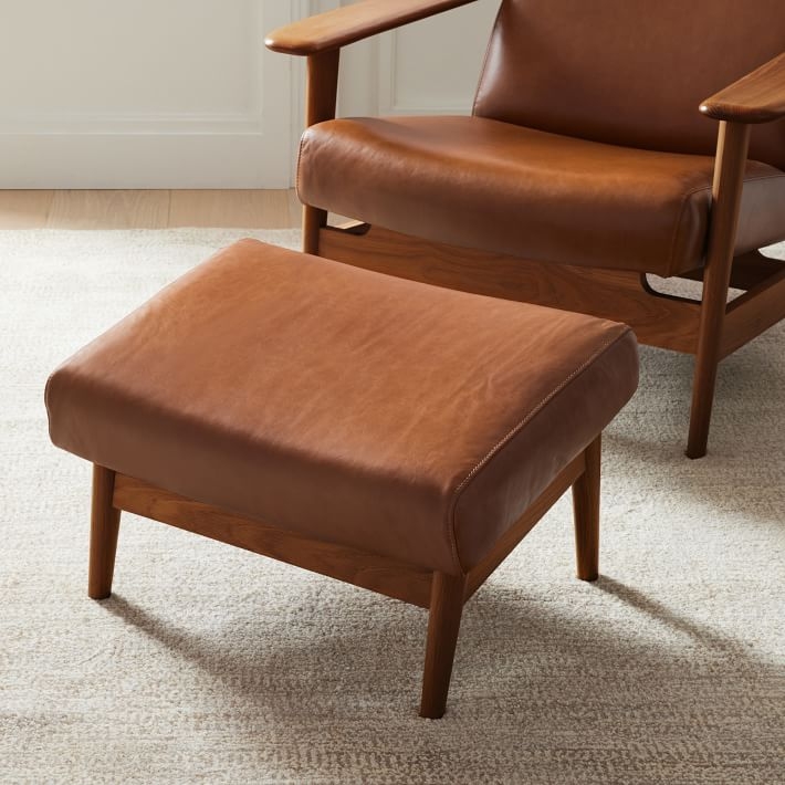 Ottoman Saddle Brown Tapered Legs Show Wood Frame Mid Century