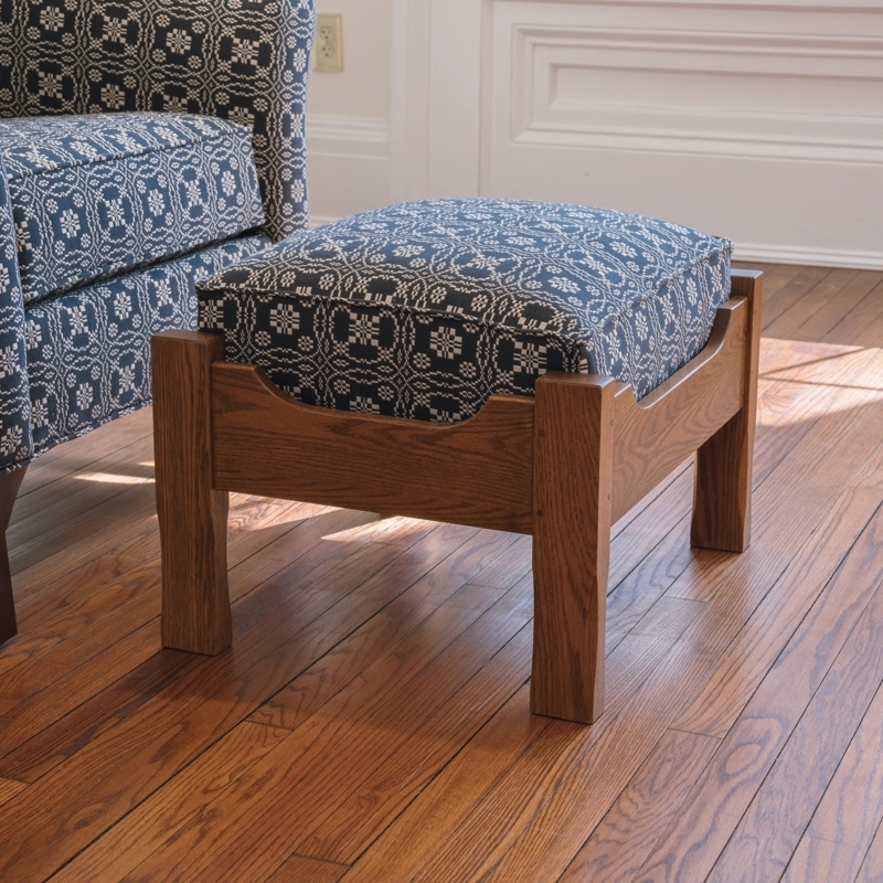 Ottoman Scalloped Wood Frame Blue Geometric Footstool