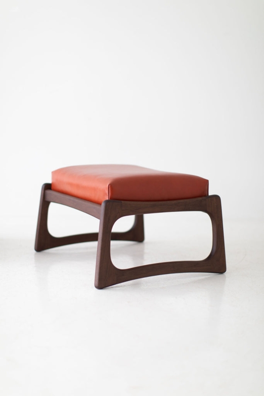 Ottoman Sculptural Wood Frame Rust Orange Cushion Mid-Century
