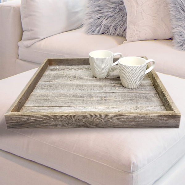 Ottoman Tray: Ash Grey Reclaimed Wood Look, Rustic Farmhouse Decor.