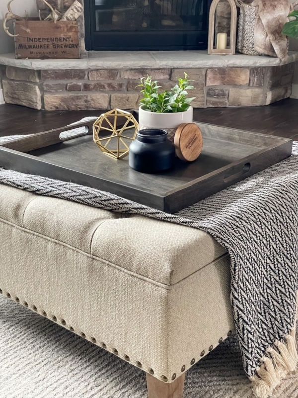 Ottoman Tray: Charcoal Finish, Oversized Square with Integrated Handles.