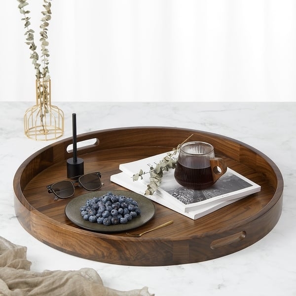 Ottoman Tray: Circular Shape, Walnut Brown, Cutout Handles, Minimalist.