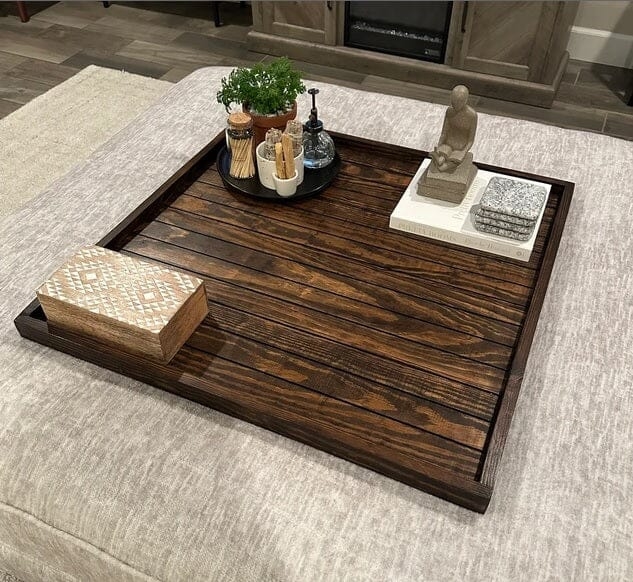 Ottoman Tray: Dark Walnut Slatted Base, Geometric Inlay, Rustic Modern.