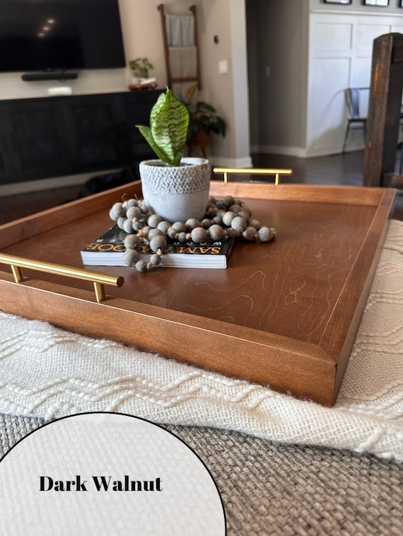 Ottoman Tray: Dark Walnut Stain with Brushed Gold Metal Handles.