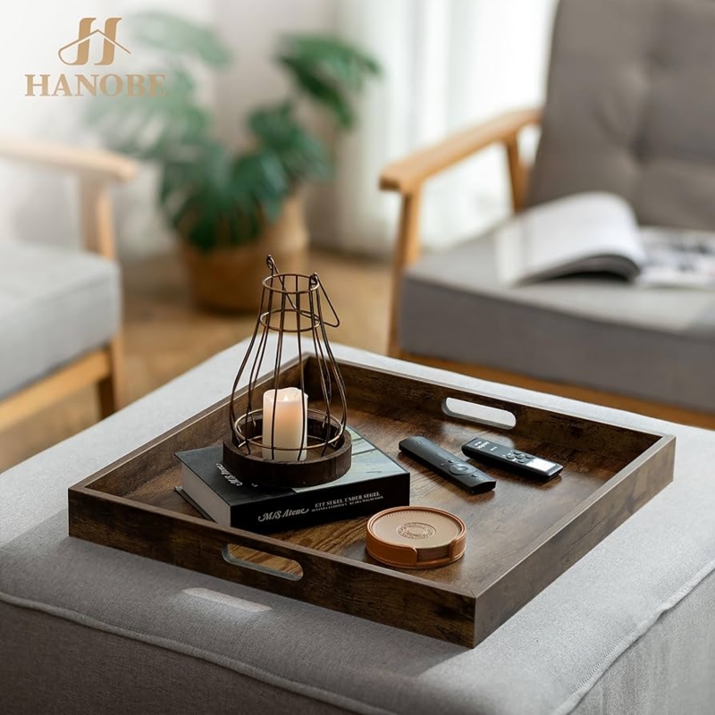 Ottoman Tray: Extra Large Square, Rustic Wood Grain, Cutout Handles.