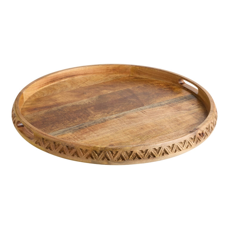 Ottoman Tray: Hand Carved Geometric Rim, Warm Chestnut, Cutout Handles.