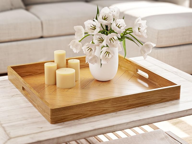 Ottoman Tray: Herringbone Pattern Inlay, Extra Large Square, Warm Oak.