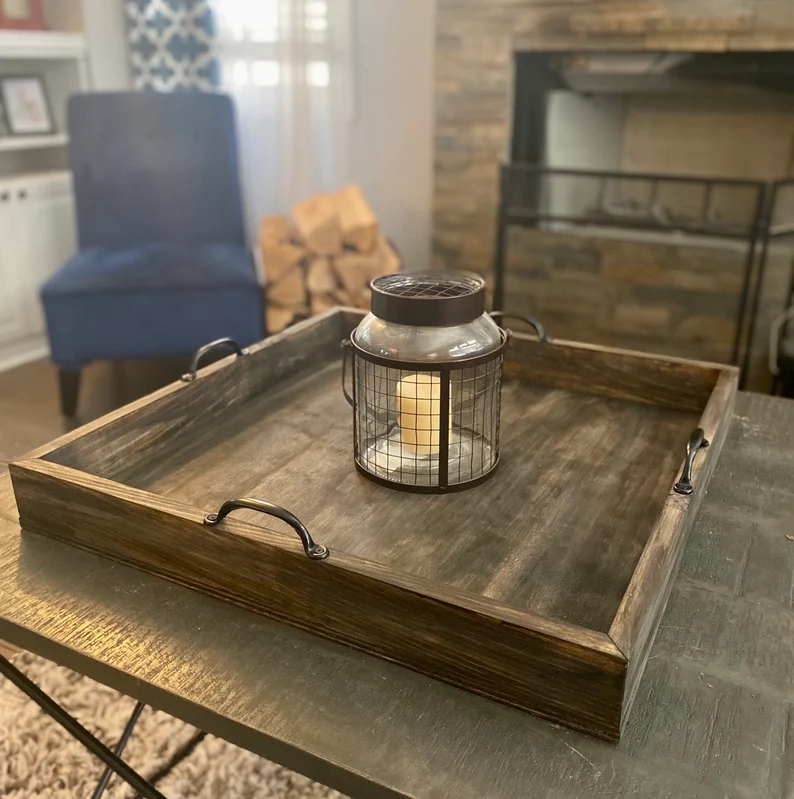 Ottoman Tray: High Sides, Four Metal Handles, Dark Walnut Stain.