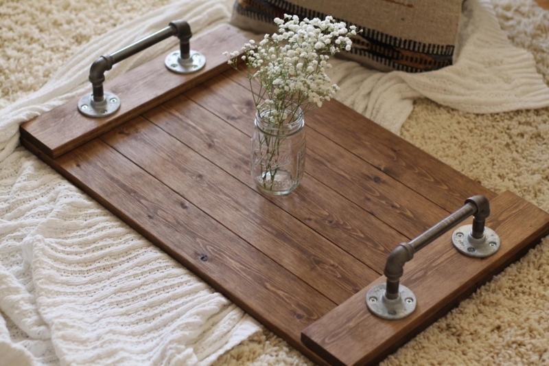 Ottoman Tray: Industrial Pipe Handles, Planked Wood Surface.
