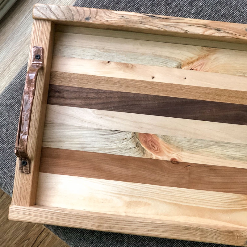 Ottoman Tray: Multi Tonal Strips, Hammered Metal Handles, Industrial.