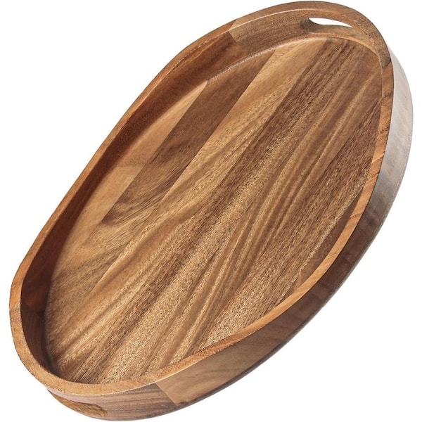Ottoman Tray: Oval Silhouette, Acacia Wood Grain, Cutout Handles.