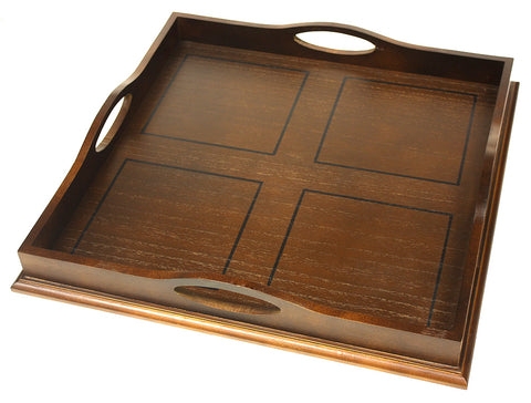 Ottoman Tray: Quadrant Inlay, Four Handle Design, Walnut Brown Finish.