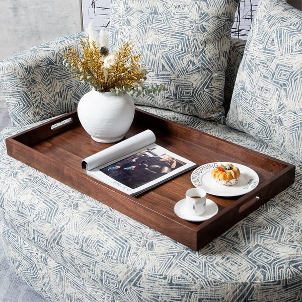 Ottoman Tray: Rectangular Walnut, Cutout Handles, Transitional Style.