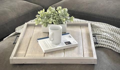 Ottoman Tray: Tongue and Groove, Whitewashed Finish, Matte Black Hardware.