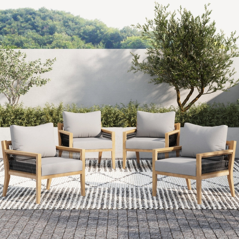 Outdoor Armchair Woven Side Panels Gray Cushions Tapered Legs