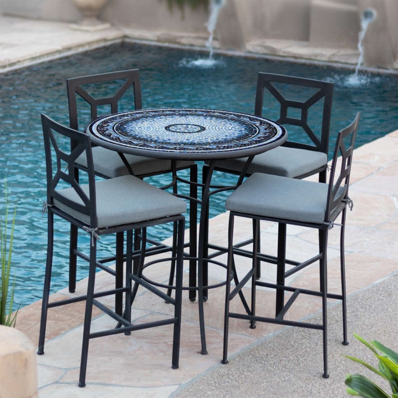 Outdoor Bar Set Round Mosaic Top Geometric X Back Tie On Cushions