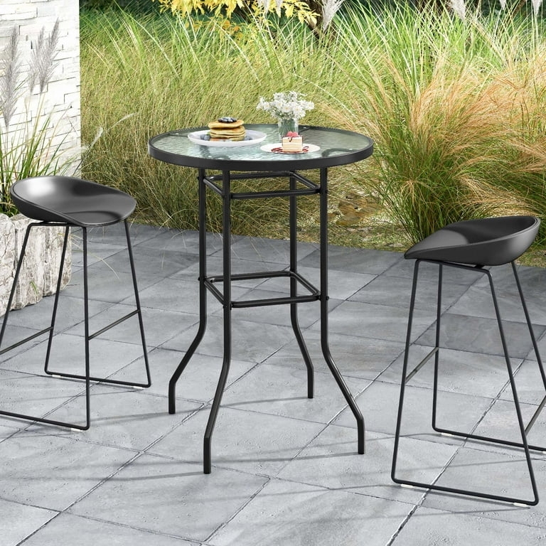 Outdoor Bar Set Scoop Seat Stools Glass Top Minimalist Sled Base