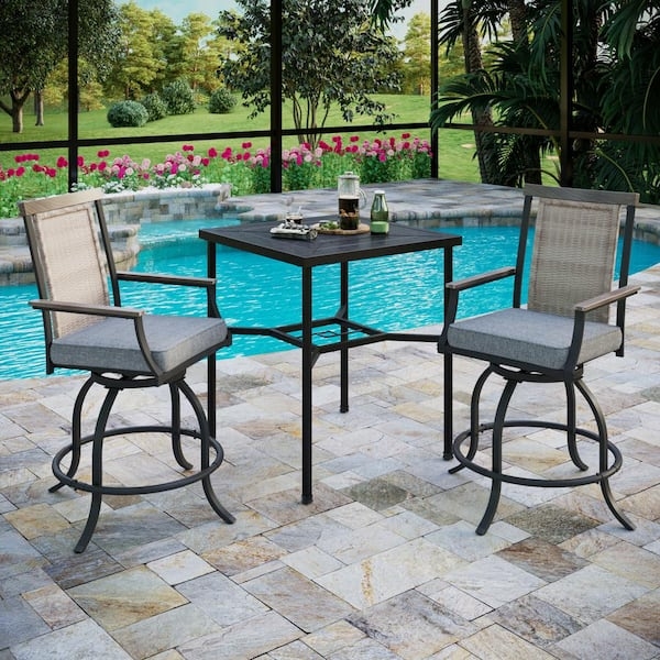 Outdoor Bar Set Wood Toned Armrests Woven Backrest Swivel Modern