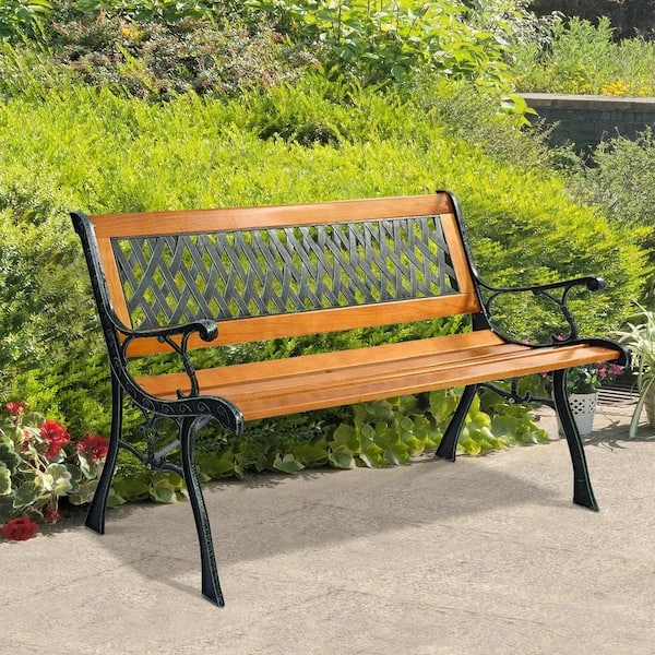 Outdoor Bench Cast Iron Wood Slats Lattice Back Patio Seating