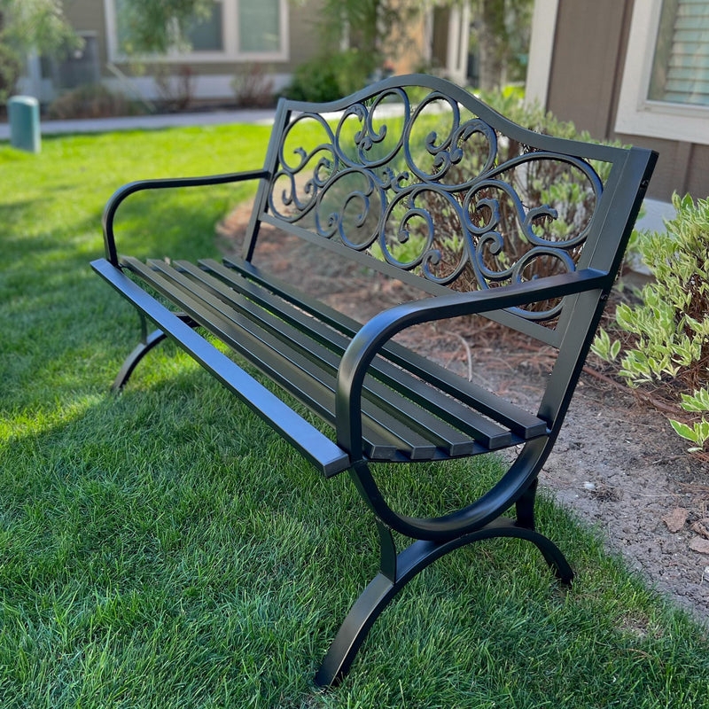 Outdoor Bench Matte Black Floral Scrollwork Patio Seat Slatted Metal