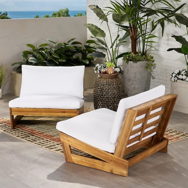 Outdoor Club Chair Low Profile Teak Brown White Cushions