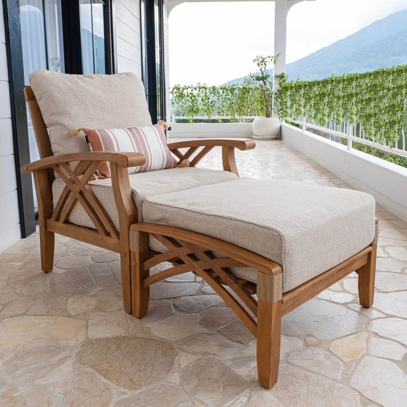 Outdoor Lounge Chair Teak X-Frame Lattice Rope Wrapped Details