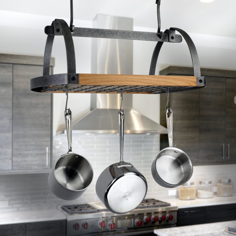 Oval Ceiling Pot Rack: Hammered Steel Finish with Alder Wood Insert.