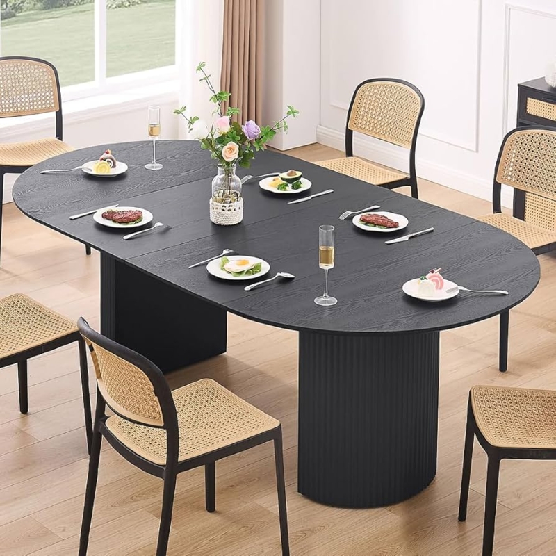 Oval Dining Table Matte Black Fluted Pedestal Extendable Ribbed