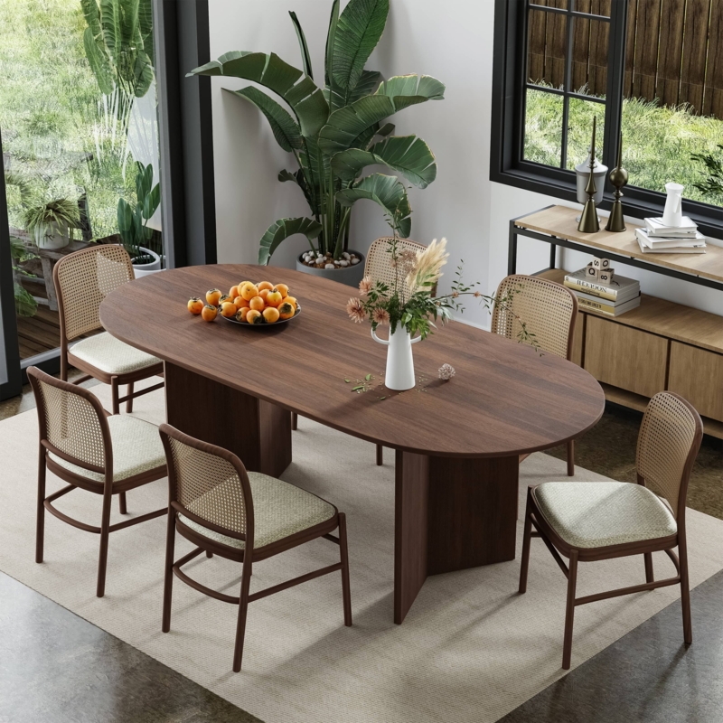 Oval Dining Table Mid-Century Walnut Slab Pedestal Cane Chairs