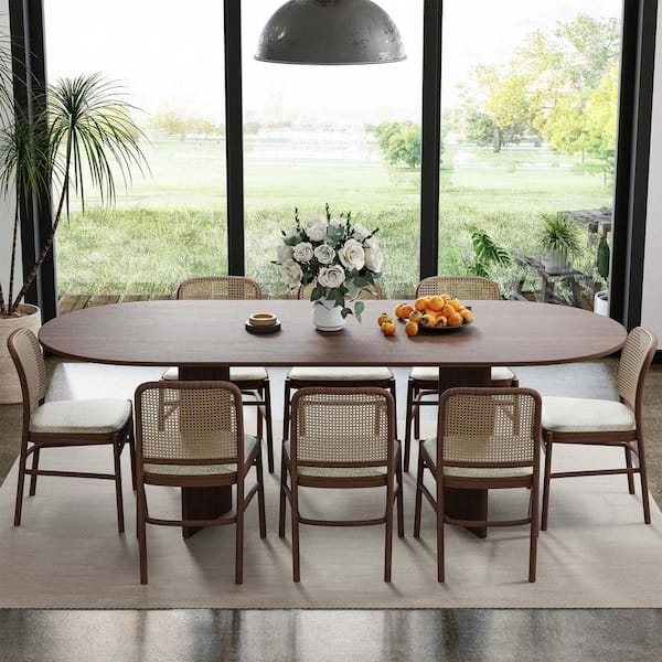 Oval Dining Table Walnut Double Pedestal Base with Cane Chairs