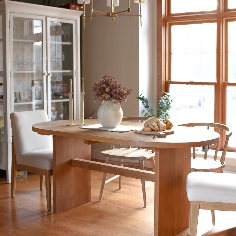 Oval Dining Table Warm Oak Slab Pedestal Base with Stretcher